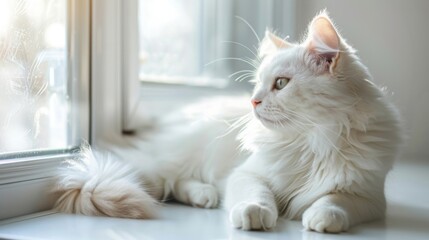 A white cat sits by a window, looking out at the world with an air of curiosity. Its soft, fluffy fur and bright green eyes create a beautiful contrast against the bright light streaming in from the