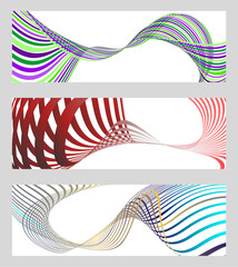 Wavy lines or ribbons. Set of 3 backgrounds. Multicolored striped gradient. Creative unusual background with abstract gradient wave lines to create a trendy banner, poster. vector eps