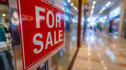 Red For Sale Sign Outside Store Front in Busy Shopping Center