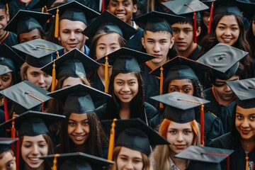 Obraz premium Diverse Group of Students Graduating in Caps and Gowns, Celebrating Academic Achievement