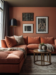 Stylish living room, Coral or terracotta sectional sofa, dark beige walls-gallery-inspired ambiance.