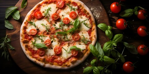 Bird's Eye View of Margherita Pizza on a Simple Background. Concept Food Photography, Margherita Pizza, Bird's Eye View, Simple Background