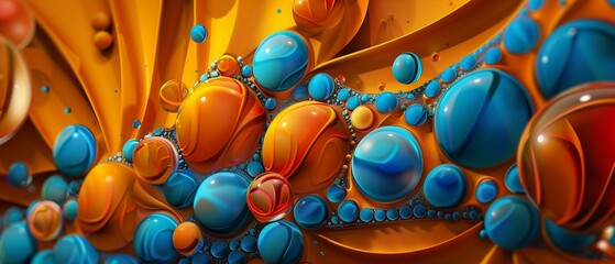 Colorful glossy spheres on wavy orange surface, bright fluid art bubble