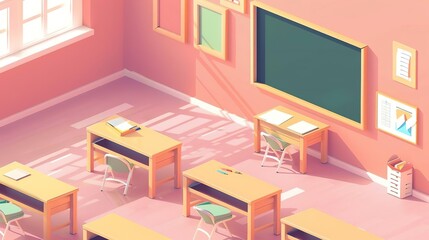 Empty classroom with desks, chairs, and a blackboard.