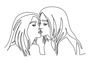 Two girls kiss. One line drawing vector illustration.