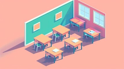Isometric illustration of an empty classroom with desks and chairs.