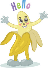 A funny banana with the inscription hello.Hand-draw a funny character from the cartoon 