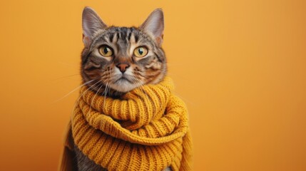 A tabby cat with green eyes is wearing a yellow knit scarf against a yellow background.