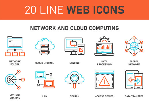 Vector set of network and cloud technology line web icons. Each icon with adjustable strokes neatly designed on pixel perfect 64X64 size grid. Fully editable and easy to use.