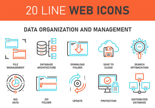 Vector set of data organization and management line web icons. Each icon with adjustable strokes neatly designed on pixel perfect 64X64 size grid. Fully editable and easy to use.
