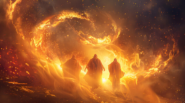 Shadrach, Meshach, and Abednego in the fiery furnace, depicted within a swirling nebula, highlighting their faith amidst trials, with copy space