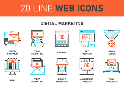 Vector set of digital marketing line web icons. Each icon with adjustable strokes neatly designed on pixel perfect 64X64 size grid. Fully editable and easy to use.