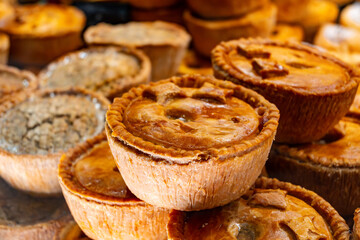 Fresh baked stuffed meat pies, Britisch pastries, snacks