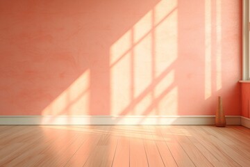 Light wall and wooden parquet floor, sunrays and shadows from window morning sun curtains reflection warm shadow