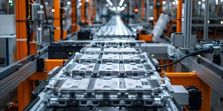 High-Capacity Lithium Production Line in a Factory. Concept Industrial Automation, Lithium Battery Manufacturing, Factory Production Line, High-Capacity Equipment