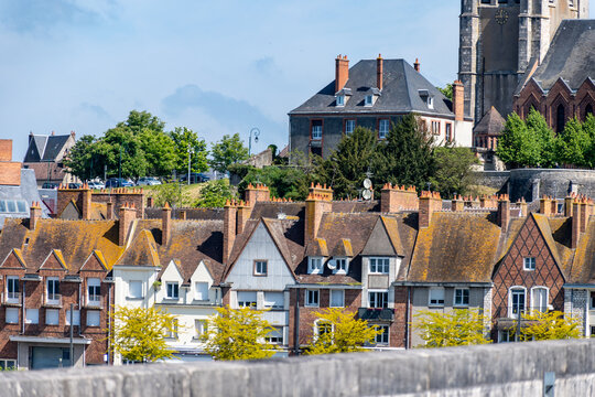 Views of old part of town of Gien is on the Loire river, in Loiret department, France, bridge and castle