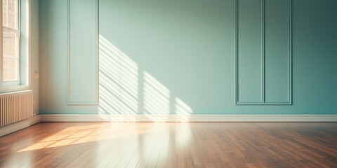 Light wall and wooden parquet floor, sunrays and shadows from window morning sun curtains reflection warm shadow