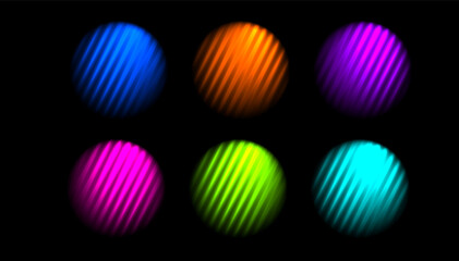 Corrugated neon circle ribbed glass effect. Set colorful round liquid gradient shape. Purple, green,yellow,blue, orange vibrant abstract element prism effect black background. Vector illustration