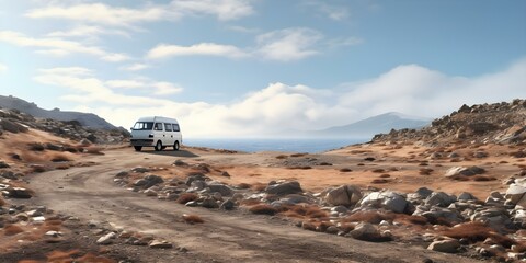 Photorealistic landscape featuring a white camper van parked on rocky ground. Concept Photography, Landscape, Camper Van, Nature, Outdoor Shoot