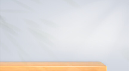 Wood shelf on white kitchen wall for product presentation. Empty table board. Minimal home mockup. Realistic 3d vector background