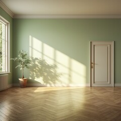 Light wall and wooden parquet floor, sunrays and shadows from window morning sun curtains reflection warm shadow