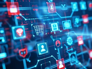 Fototapeta premium Digital Network of Icons with Shopping Cart, Wifi and User Symbols