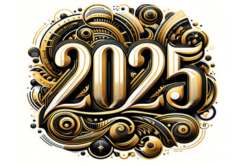 New Year 2025 Stylized Gold and Black Numerals, Futuristic Number Design 2025, Elegant Year 2025 Typography, Art Deco Inspired Number Illustration, Modern Vintage Number Artwork 2025, 3D bold Text, 3d