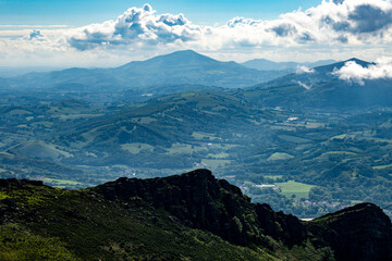 Travelling by old wooden train up to Larrun or La Rhune, Larhune mountain at the western end of the Pyrenees located on border of France and Spain, in traditional Basque provinces Labourd and Navarra