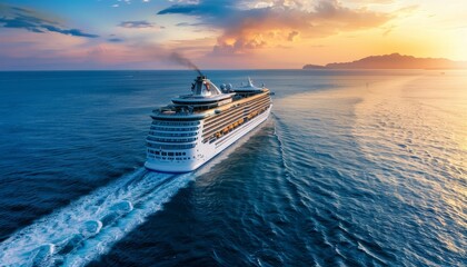 Luxury Cruise Ship Sailing into a Sunset Horizon