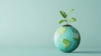 a minimalist graphic featuring a small globe with green sprouts emerging from it