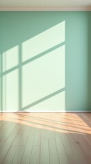 Light wall and wooden parquet floor, sunrays and shadows from window morning sun curtains reflection warm shadow