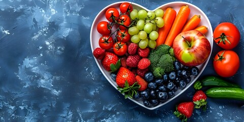 Heart-Shaped Plate with Fruits and Vegetables from Above on a Blue Background. Concept Food Styling, Plate Presentation, Fruit and Vegetable Arrangement, Top-Down Photography, Colorful Composition