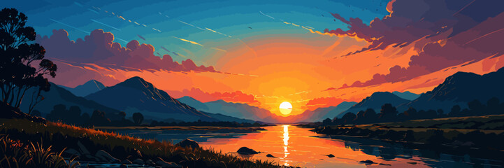 Sunset, river background landscape illustration vector graphic, Sunrise, warm colors vectorized mountain land view graphic 