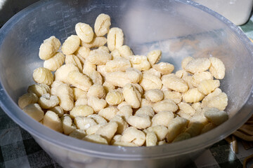 Italian food, fresh homemade pasta gnocchi with potatoes ready to cook on Portobello road food market, London