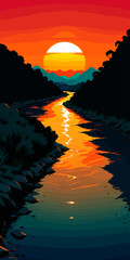 Sunset, river background landscape illustration vector graphic, Sunrise, warm colors vectorized mountain land view graphic 