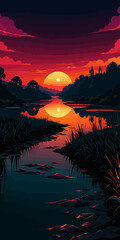 Sunset, river background landscape illustration vector graphic, Sunrise, warm colors vectorized mountain land view graphic 