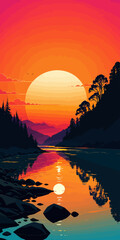 Sunset, river background landscape illustration vector graphic, Sunrise, warm colors vectorized mountain land view graphic 