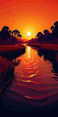 Sunset, river background landscape illustration vector graphic, Sunrise, warm colors vectorized mountain land view graphic 