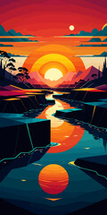 Sunset, river background landscape illustration vector graphic, Sunrise, warm colors vectorized mountain land view graphic 