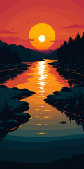 Sunset, river background landscape illustration vector graphic, Sunrise, warm colors vectorized mountain land view graphic 