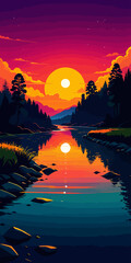 Sunset, river background landscape illustration vector graphic, Sunrise, warm colors vectorized mountain land view graphic 