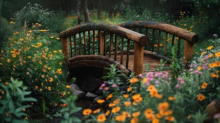 A wooden bridge crosses a small stream in a lush garden