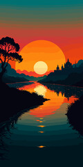 Sunset, river background landscape illustration vector graphic, Sunrise, warm colors vectorized mountain land view graphic 