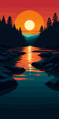 Sunset, river background landscape illustration vector graphic, Sunrise, warm colors vectorized mountain land view graphic 