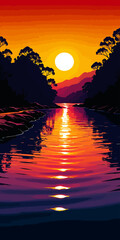 Sunset, river background landscape illustration vector graphic, Sunrise, warm colors vectorized mountain land view graphic 