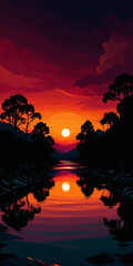 Sunset, river background landscape illustration vector graphic, Sunrise, warm colors vectorized mountain land view graphic 