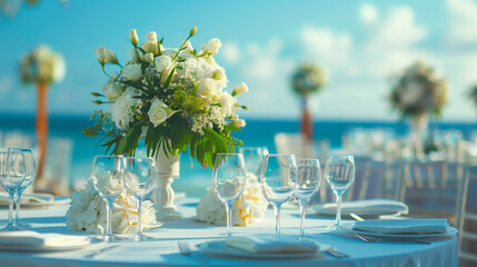 Decorated table reception at beach resort, Dinner, Wedding, Party, Honeymoon.