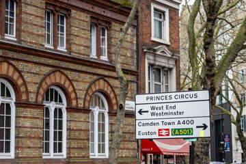 Transportation in London city, roads, road signes, street signes, warnings, indicating of directions in Great Britain, city life in England