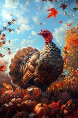 A turkey standing in a field of pumpkins, with trees and fallen leaves all around