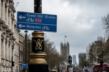 Transportation in London city, roads, road signes, street signes, warnings, indicating of directions in Great Britain, city life in England © barmalini
